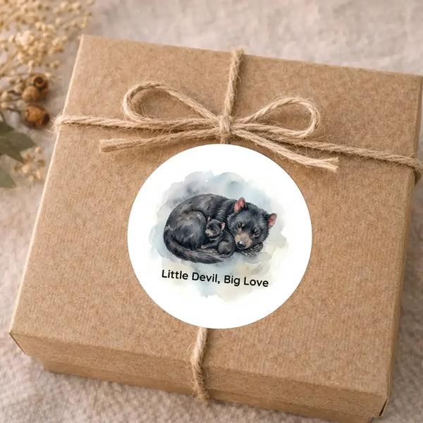 Little Devil, Big Love Sticker | Tasmanian Devil Mother & Joey Wildlife Sticker - Sticksy Prints Australia