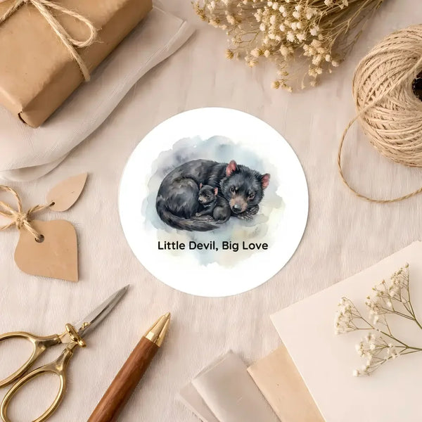 Little Devil, Big Love Sticker | Tasmanian Devil Mother & Joey Wildlife Sticker - Sticksy Prints Australia