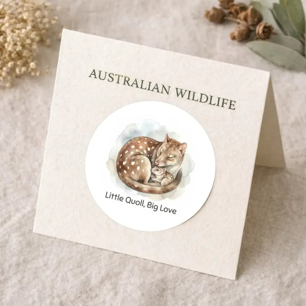 Little Quoll, Big Love Sticker – Tasmanian Wildlife Mother & Baby Round Sticker - Sticksy Prints Australia