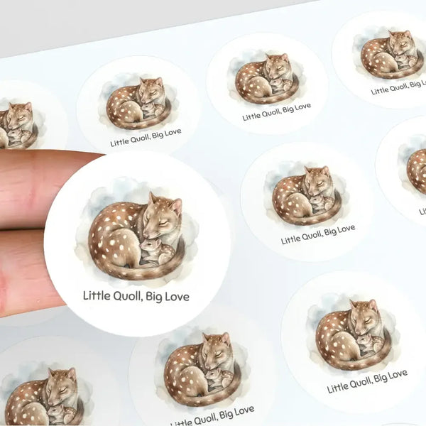 Little Quoll, Big Love Sticker – Tasmanian Wildlife Mother & Baby Round Sticker - Sticksy Prints Australia