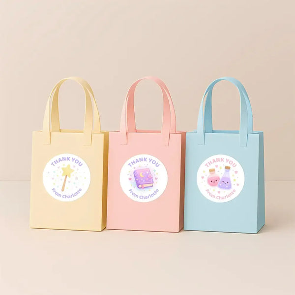 Magic Theme Birthday Thank You Stickers – Spell Book, Potions, Wand & Crystal Ball | Personalised Party Favour Labels - Sticksy Prints Australia