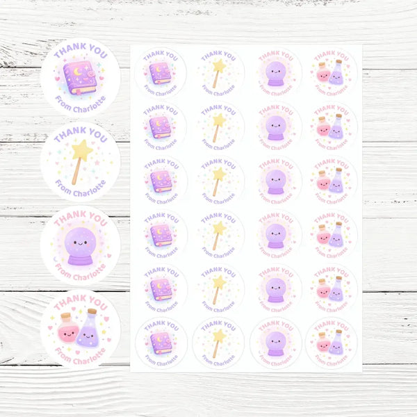 Magic Theme Birthday Thank You Stickers – Spell Book, Potions, Wand & Crystal Ball | Personalised Party Favour Labels - Sticksy Prints Australia