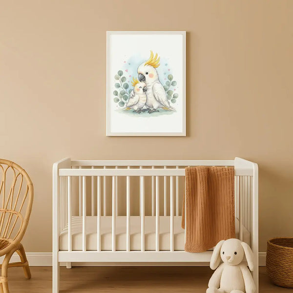 Mama & Baby Cockatoo Nursery Print – Australian Animal Wall Art Neutral Baby Room Decor Watercolour Cockatoo Artwork