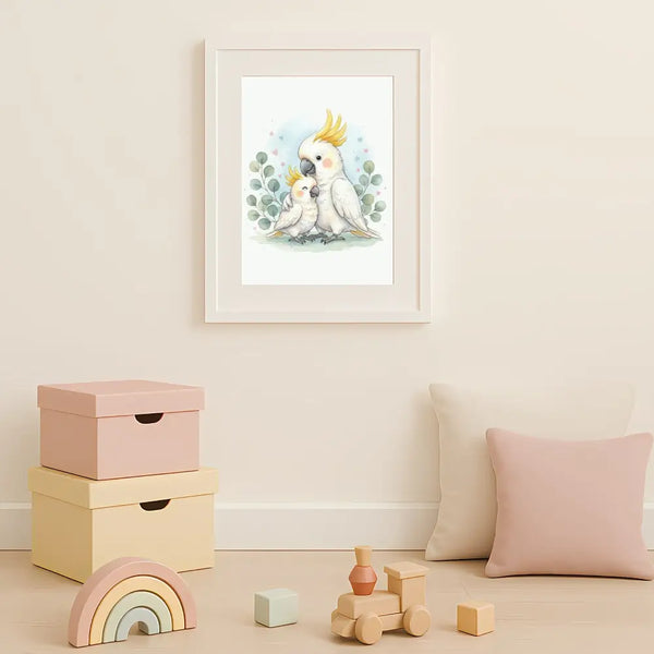 Mama & Baby Cockatoo Nursery Print – Australian Animal Wall Art Neutral Baby Room Decor Watercolour Cockatoo Artwork