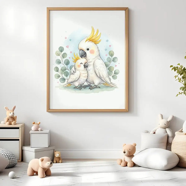 Mama & Baby Cockatoo Nursery Print – Australian Animal Wall Art Neutral Baby Room Decor Watercolour Cockatoo Artwork