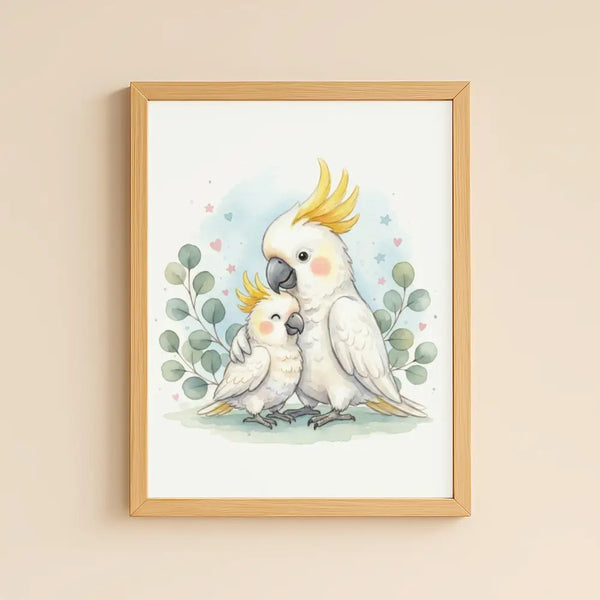 Mama & Baby Cockatoo Nursery Print – Australian Animal Wall Art Neutral Baby Room Decor Watercolour Cockatoo Artwork