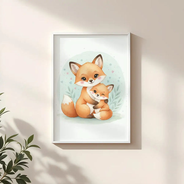 Mama & Baby Fox Nursery Print – Woodland Animal Wall Art Neutral Baby Room Decor Watercolour Fox Artwork Printable Kids