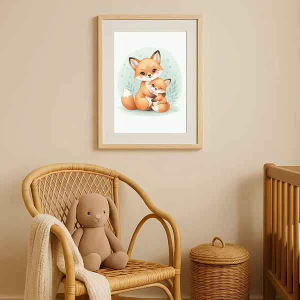 Mama & Baby Fox Nursery Print – Woodland Animal Wall Art Neutral Baby Room Decor Watercolour Fox Artwork Printable Kids