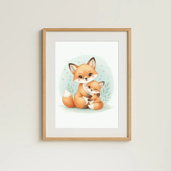 Mama & Baby Fox Nursery Print – Woodland Animal Wall Art Neutral Baby Room Decor Watercolour Fox Artwork Printable Kids