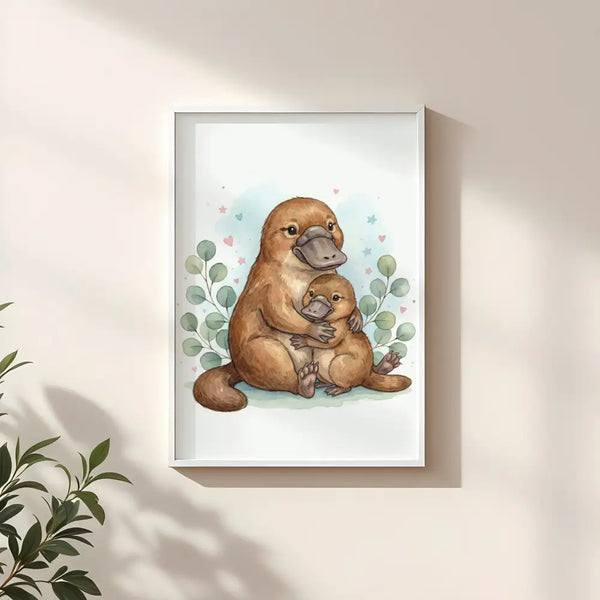Mama & Baby Platypus Nursery Print – Australian Wildlife Watercolour Wall Art (Digital Download)