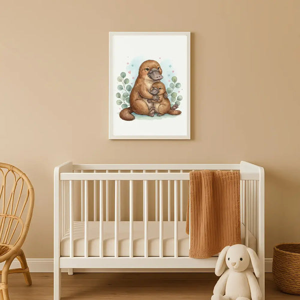Mama & Baby Platypus Nursery Print – Australian Wildlife Watercolour Wall Art (Digital Download)