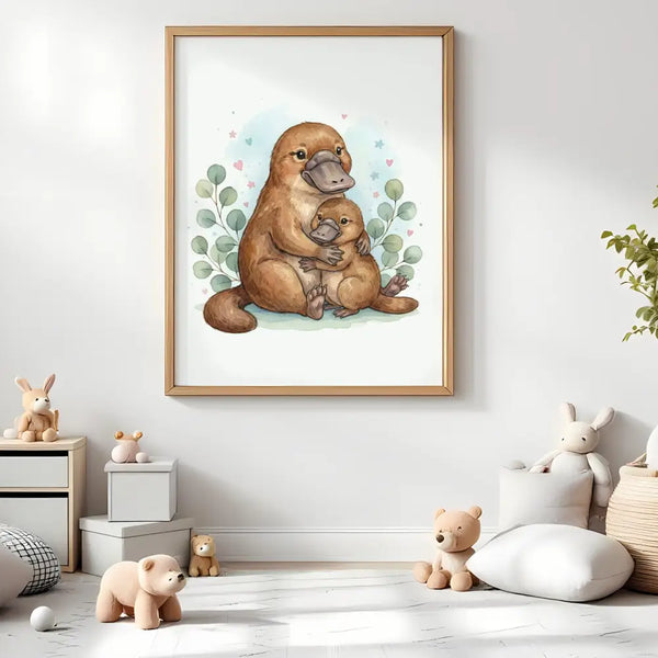 Mama & Baby Platypus Nursery Print – Australian Wildlife Watercolour Wall Art (Digital Download)