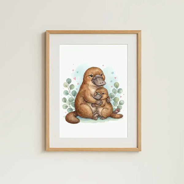 Mama & Baby Platypus Nursery Print – Australian Wildlife Watercolour Wall Art (Digital Download)
