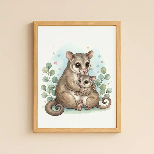 Mama & Baby Possum Nursery Print – Australian Animal Wall Art Neutral Baby Room Decor Watercolour Possum Artwork