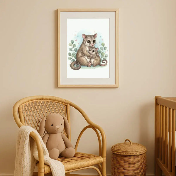 Mama & Baby Possum Nursery Print – Australian Animal Wall Art Neutral Baby Room Decor Watercolour Possum Artwork
