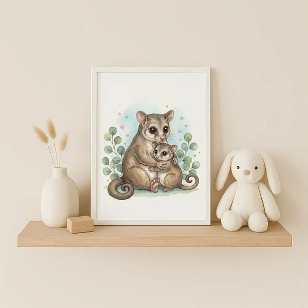 Mama & Baby Possum Nursery Print – Australian Animal Wall Art Neutral Baby Room Decor Watercolour Possum Artwork