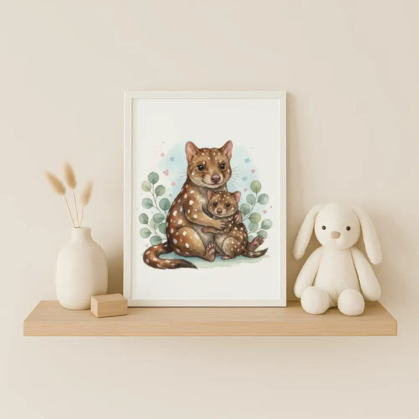 Mama & Baby Quoll Nursery Print – Australian Animal Wall Art Neutral Baby Room Decor Watercolour Quoll Artwork