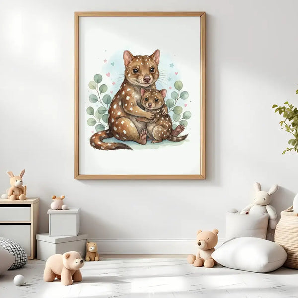 Mama & Baby Quoll Nursery Print – Australian Animal Wall Art Neutral Baby Room Decor Watercolour Quoll Artwork