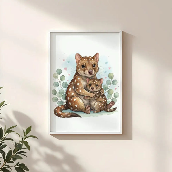 Mama & Baby Quoll Nursery Print – Australian Animal Wall Art Neutral Baby Room Decor Watercolour Quoll Artwork