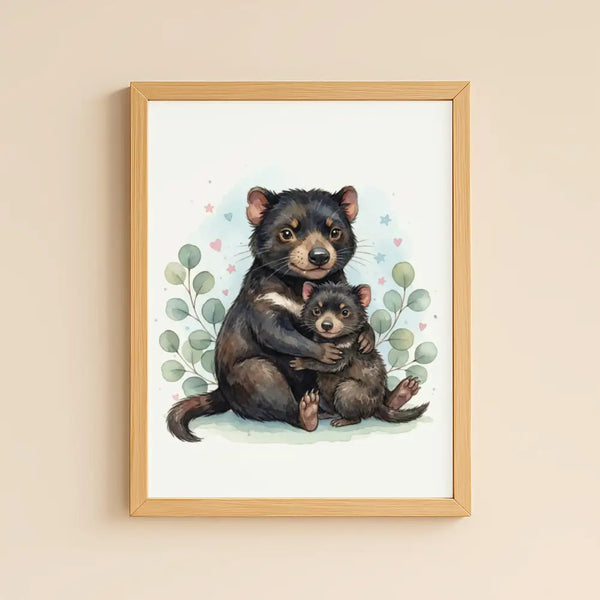 Mama & Baby Tasmanian Devil Nursery Print – Australian Animal Wall Art Neutral Baby Room Decor Watercolour Tassie Devil