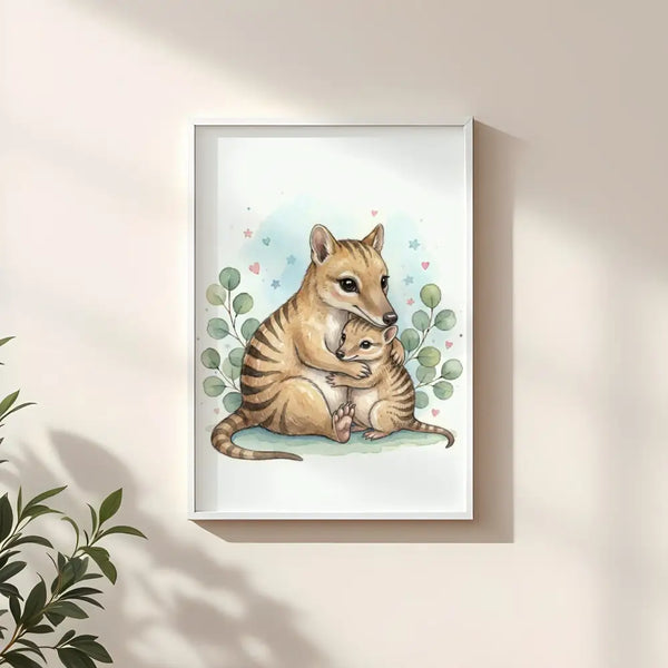 Mama & Baby Thylacine Nursery Print – Tasmanian Tiger Wall Art Australian Animal Decor Watercolour Thylacine Artwork