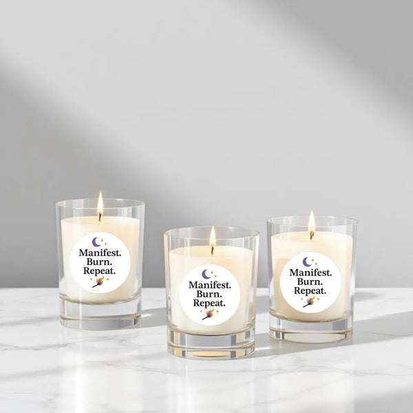 “Manifest. Burn. Repeat.” Candle Label Stickers