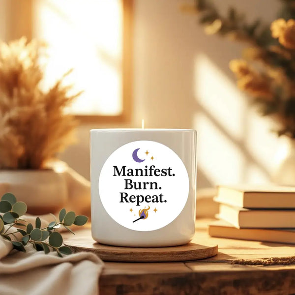“Manifest. Burn. Repeat.” Candle Label Stickers