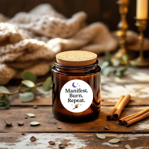 “Manifest. Burn. Repeat.” Candle Label Stickers