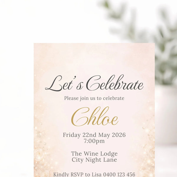 Personalised Hens Party Invitation | Champagne Sparkle Blush & Gold | Printed 4×6 Invite - Sticksy Prints Australia