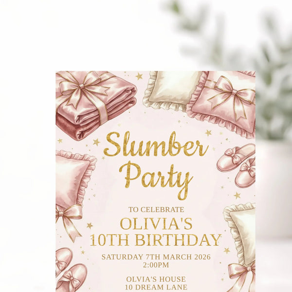 Personalised Slumber Party Birthday Invitation – Elegant Blush & Gold Sleepover - Sticksy Prints Australia