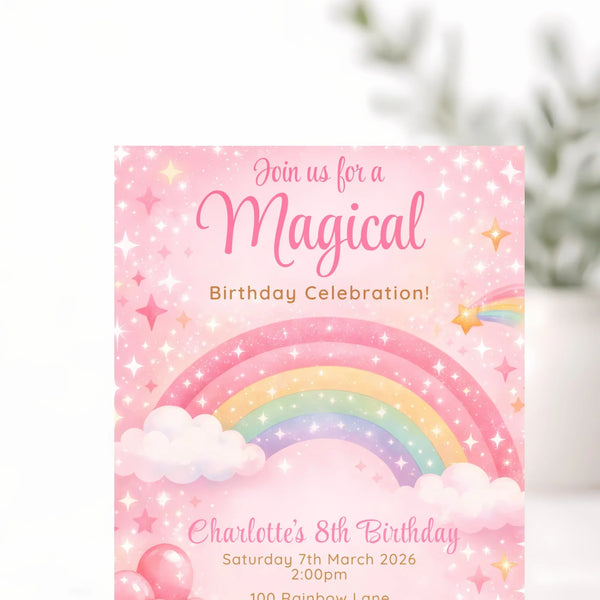 Personalised Rainbow Birthday Party Invitations Printed Magical Pink - Sticksy Prints Australia