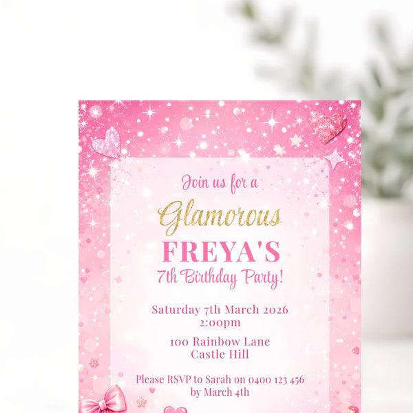 Personalised Pink Glam Birthday Party Invitations Printed Invites - Sticksy Prints Australia