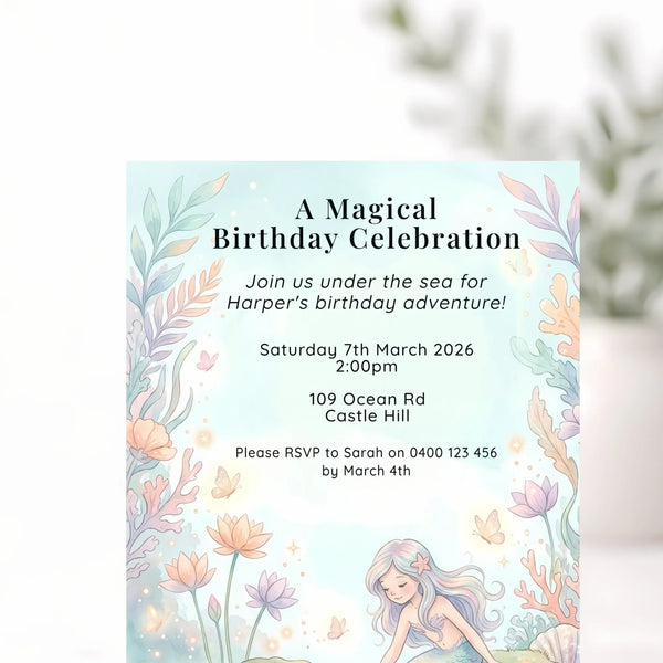 Personalised Mermaid Birthday Party Invitations Printed Under the Sea Kids Invite - Sticksy Prints Australia
