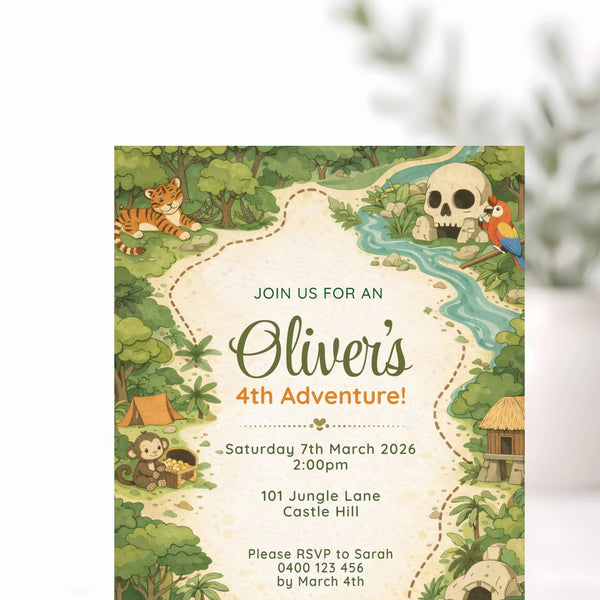 Personalised Jungle Adventure Birthday Invitations | Explorer Map Kids Party Invite - Sticksy Prints Australia