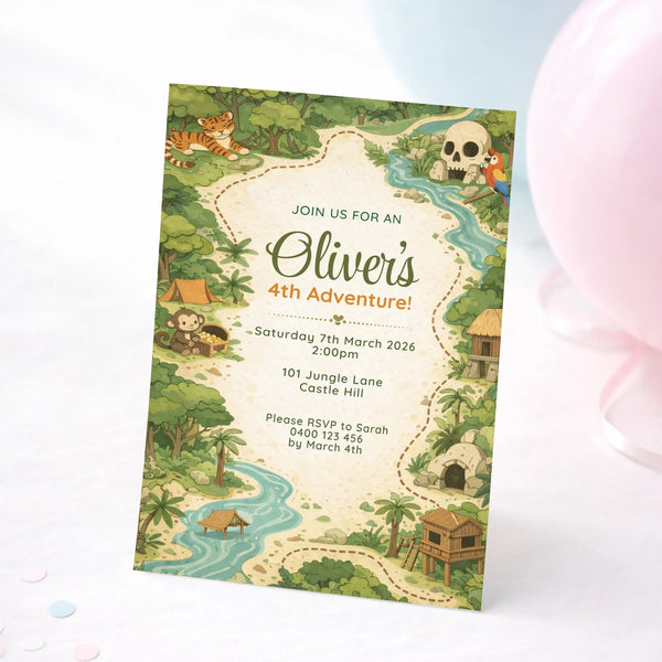Personalised Jungle Adventure Birthday Invitations | Explorer Map Kids Party Invite - Sticksy Prints Australia
