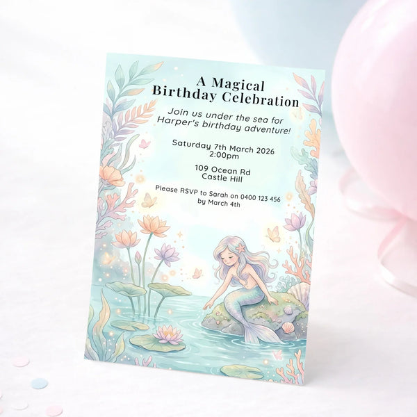 Personalised Mermaid Birthday Party Invitations Printed Under the Sea Kids Invite - Sticksy Prints Australia