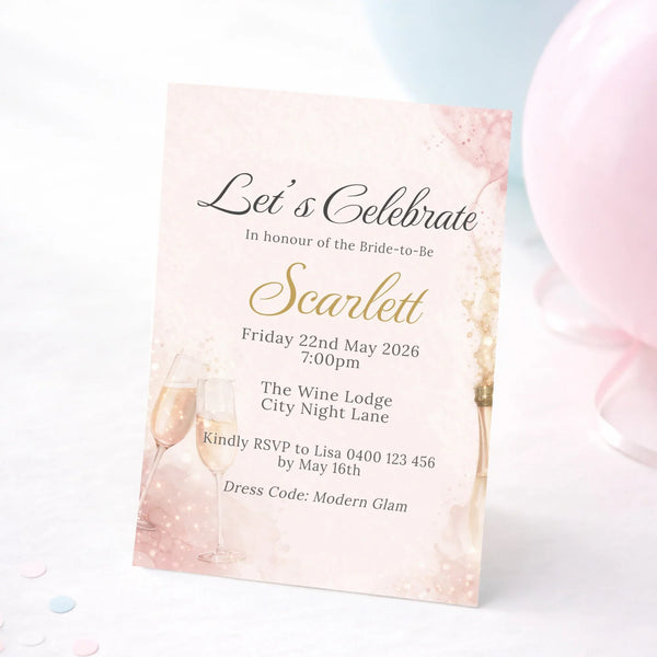 Personalised Hens Party Invitation | Modern Glam Blush & Gold | Printed 4×6 Invite - Sticksy Prints Australia