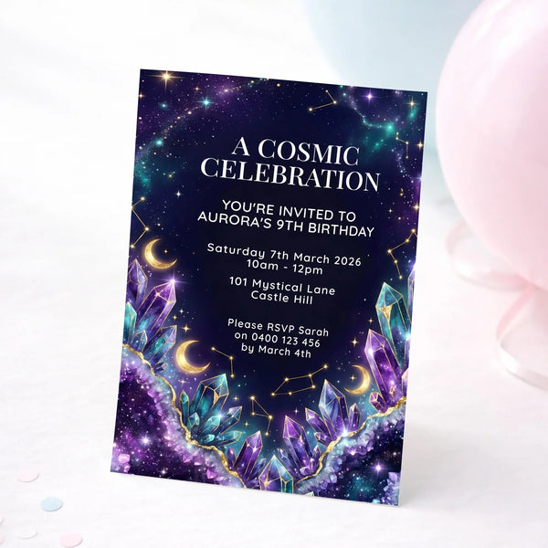 Personalised Cosmic Birthday Invitations | Galaxy Crystal Celestial Party Invite - Sticksy Prints Australia