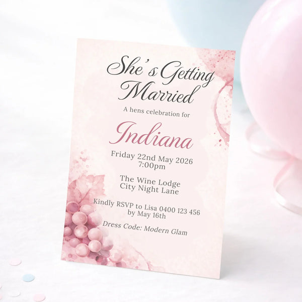 Personalised Hens Party Invitation | Wine Inspired Modern Glam Blush & Gold | Printed 4×6 Invite - Sticksy Prints Australia