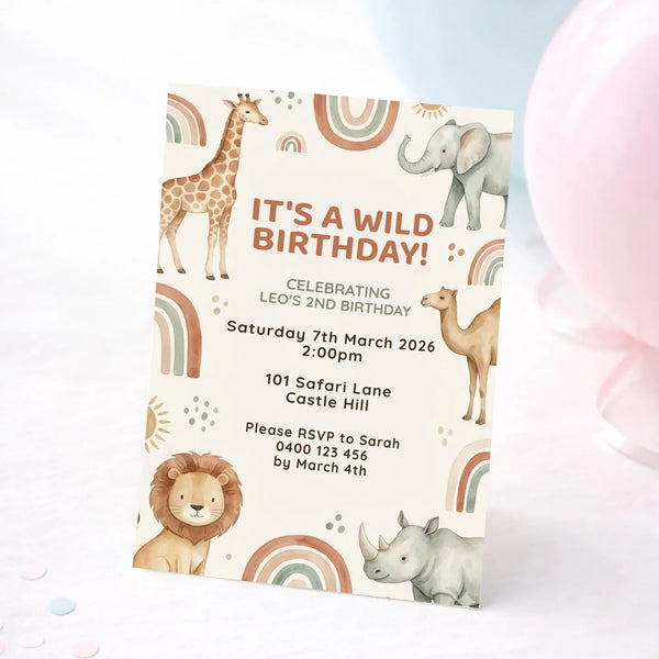 Personalised Safari Animal Birthday Invitations | Wild One Jungle Party Invite - Sticksy Prints Australia