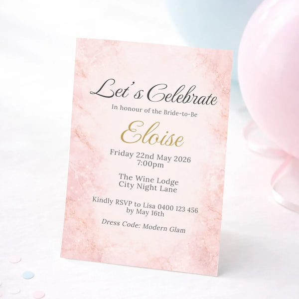 Personalised Hens Party Invitation | Blush Marble Modern Glam | Printed 4×6 Invite - Sticksy Prints Australia