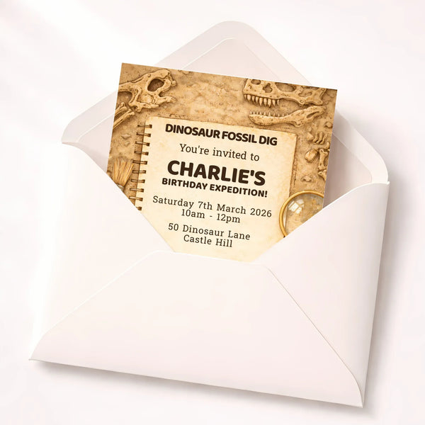 Personalised Dinosaur Fossil Dig Birthday Invitations Printed - Sticksy Prints Australia
