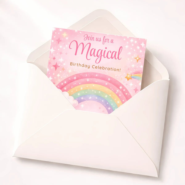 Personalised Rainbow Birthday Party Invitations Printed Magical Pink - Sticksy Prints Australia