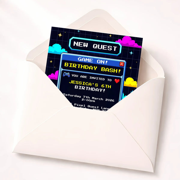 Pixel Game Birthday Invitation | Video Game Party Invite | Retro Gamer Theme - Sticksy Prints Australia