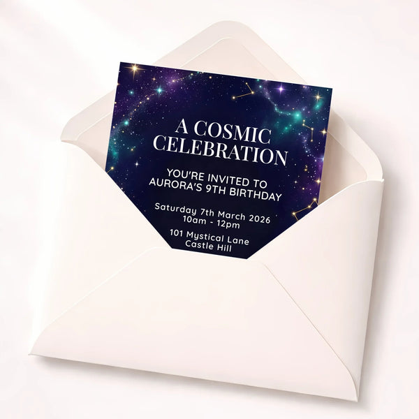 Personalised Cosmic Birthday Invitations | Galaxy Crystal Celestial Party Invite - Sticksy Prints Australia