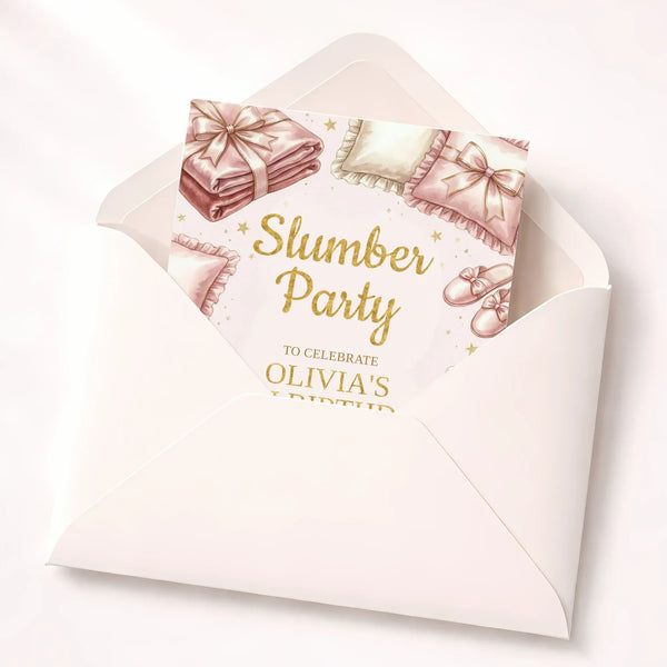 Personalised Slumber Party Birthday Invitation – Elegant Blush & Gold Sleepover - Sticksy Prints Australia