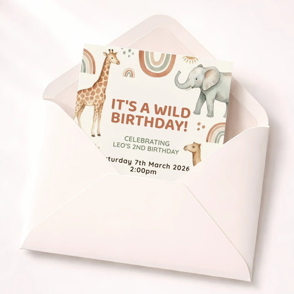 Personalised Safari Animal Birthday Invitations | Wild One Jungle Party Invite - Sticksy Prints Australia