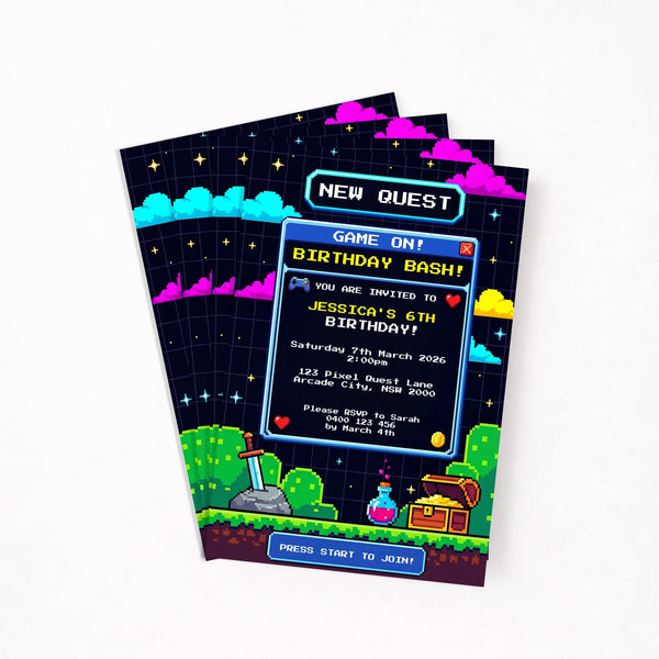 Pixel Game Birthday Invitation | Video Game Party Invite | Retro Gamer Theme - Sticksy Prints Australia