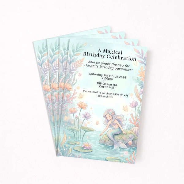 Personalised Mermaid Birthday Party Invitations Printed Under the Sea Kids Invite - Sticksy Prints Australia