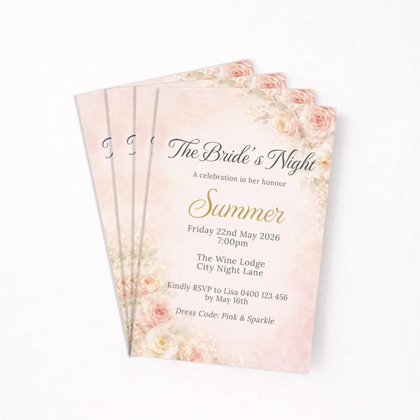 Personalised Hens Party Invitation | Romantic Floral Blush & Gold | Printed 4×6 Invite - Sticksy Prints Australia